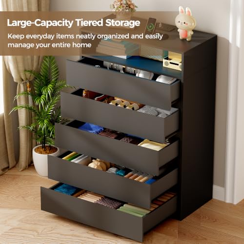 Black Tall 5 Drawer Dresser for Bedroom with LED Light, view 7