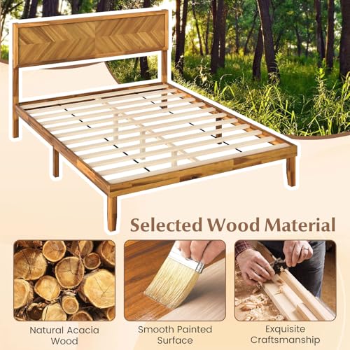 Wood Queen Bed Frame, Acacia Wooden Platform Bed Frame with Headboard, view 6