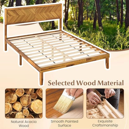 Wood Queen Bed Frame, Acacia Wooden Platform Bed Frame with Headboard, view 6