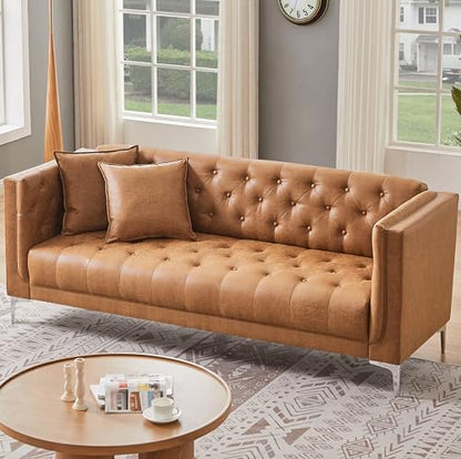 79" W Brown Faux Leather Sofa with 2 Pillows, Couches for Living Room | Modern 3-Seater Chesterfield Sofa for Apartment, Office, Handmade Button Tufted Cushions and Solid Metal Legs