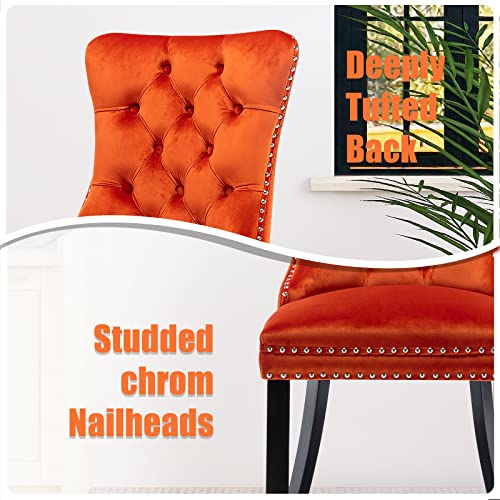 Velvet Dining Chairs Set of 4, Tall Back Side Chair, Modern Upholstered High-end Tufted Side Chair with Button Back Ring, Solid Wood Legs (Orange)