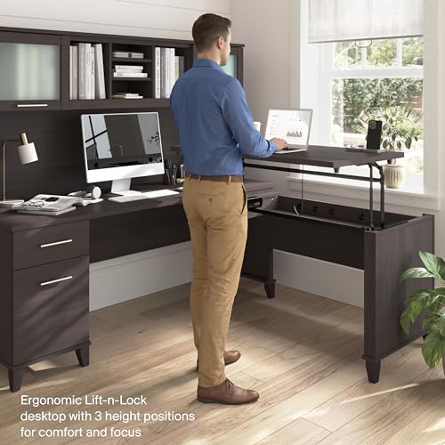 72-Inch L-Shaped Sit to Stand Desk with Hutch, Adjustable Height Standing Corner Computer Desk with Drawers, Shelves and Storage Cabinet, Home Office, Somerset Collection, Storm Gray
