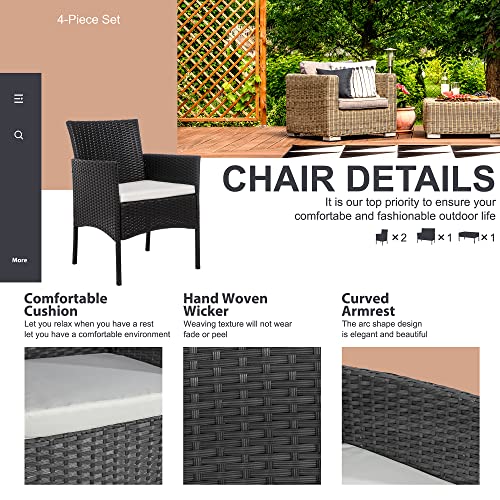 4 Piece Outdoor Patio Furniture Sets, Small Wicker Patio Conversation Furniture Rattan Chair Set with Tempered Glass Coffee Table for Backyard Porch Garden Poolside Balcony,Black