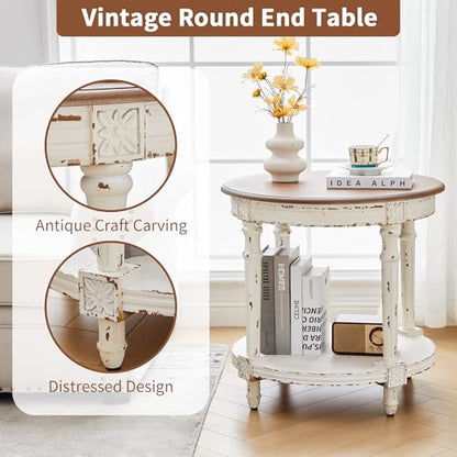23.6" French Country Two Tone Round End Table,Chipped White Vintage 2 Tier Side Table for Living Room Small Space,No Tool Assembly