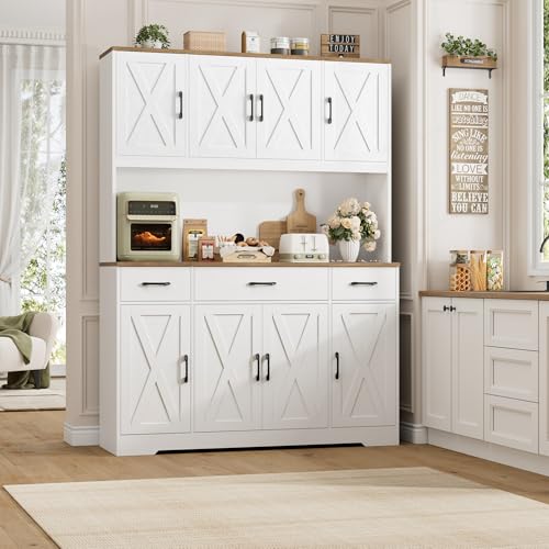 71" Tall Kitchen Pantry Storage Cabinet, 55" W Kitchen Hutch, White, view 4