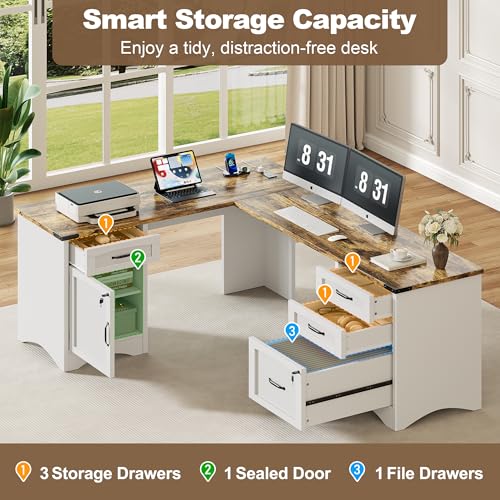 67" Farmhouse L-Shaped Office Desk with 4 Drawers,White & Brown, view 6