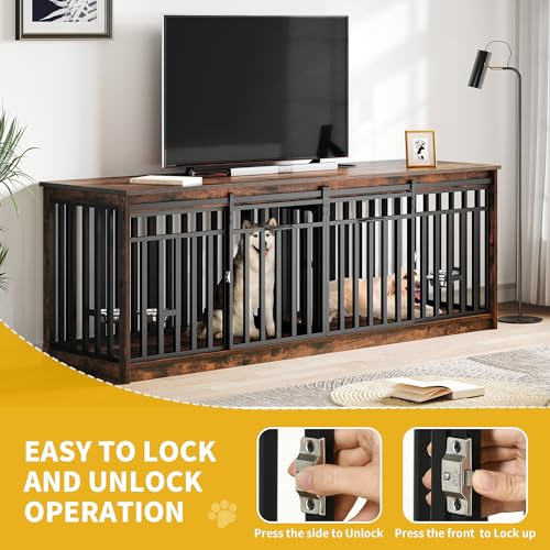 86.6" Double Dog Crate Furniture with 4 Dog Bowls, view 7