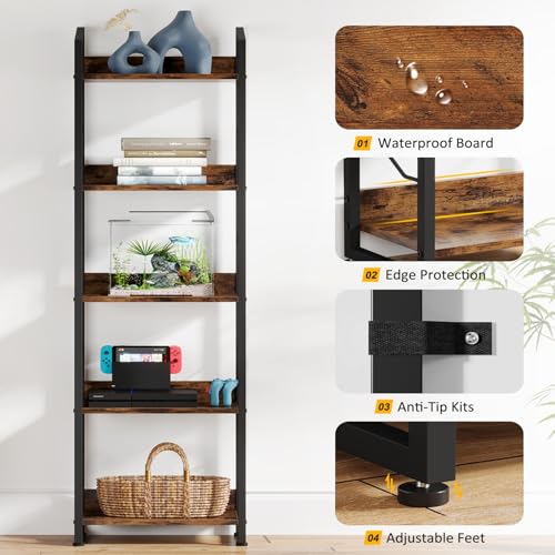 5 Tier Tall Bookshelf: Industrial Wood Book Shelf with Edge Protection Metal Narrow Bookshelf Bookcase Storage Organizer Display Rack for Living Room Home Office (Rustic Brown)