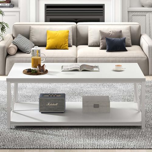 White Coffee Table with Storage Shelf, Modern Rustic Wood and Metal Center Table for Living Room, 47 Inch