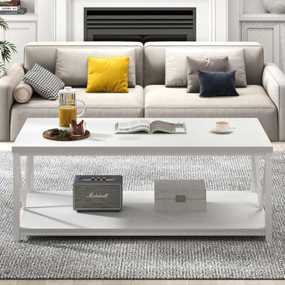 White Coffee Table with Storage Shelf, Modern Rustic Wood and Metal Center Table for Living Room, 47 Inch