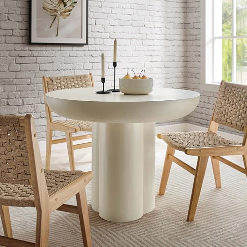 Caspian 40Inch Round Dining Table Industrial Concrete White Finish Modern Kitchen Room Entertaining Home Furniture Quality Stylish Elegant Durable Refined Versatile