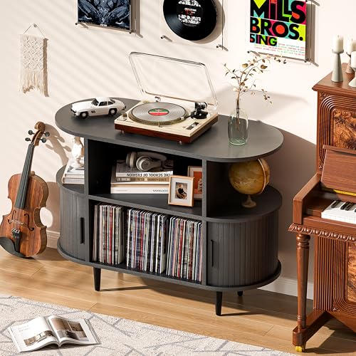 Large Record Player Stand with Storage and Shelves (Black), view 5