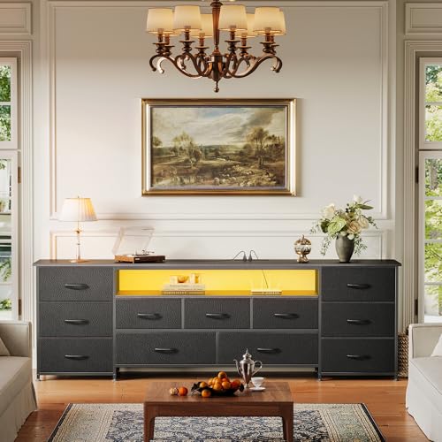 70 Inch TV Stand for 75, 80 Inch TV, 11 Drawer Long Dresser with Power Outlets and LED Lights, Entertainment Center with Storage, Black Dresser with PU Leather Surface