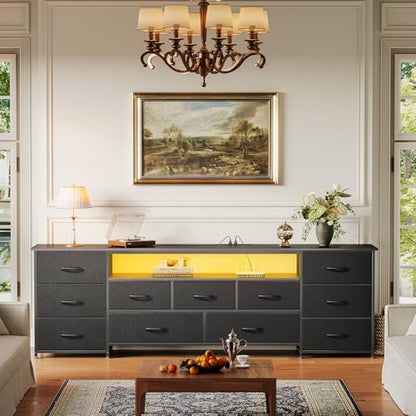 70 Inch TV Stand for 75, 80 Inch TV, 11 Drawer Long Dresser with Power Outlets and LED Lights, Entertainment Center with Storage, Black Dresser with PU Leather Surface