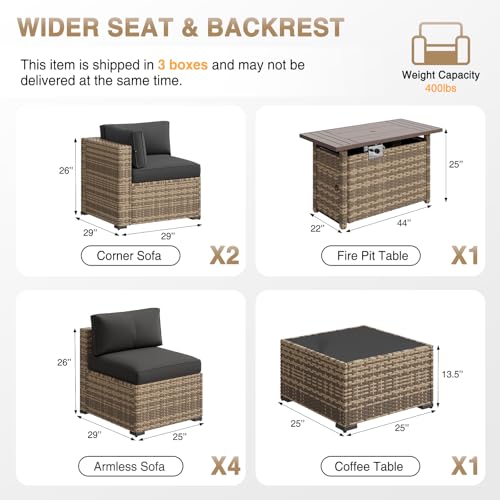 Patio Furniture Sets, 8-Piece Outdoor Patio Furniture with 44'' Propane Gas Firepit Table, Wicker Outdoor Conversation Set Sectional Sofa for Backyard, Poolside, Garden (Black Cushion)