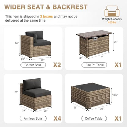 Patio Furniture Sets, 8-Piece Outdoor Patio Furniture with 44'' Propane Gas Firepit Table, Wicker Outdoor Conversation Set Sectional Sofa for Backyard, Poolside, Garden (Black Cushion)
