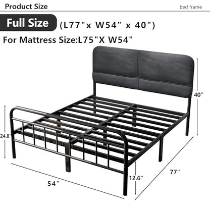 14Inch Metal Bed Frame, Full Size Bed Frame with Upholstered Headboard, view 3