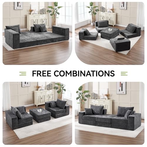 79" Boneless Cloud Loveseat Sofa Couch, Modular Foldable Floor Sofa with Ottoman, Chenille Lounge Convertible Sofa Bed for Living Room, No Assembly, Dark Grey