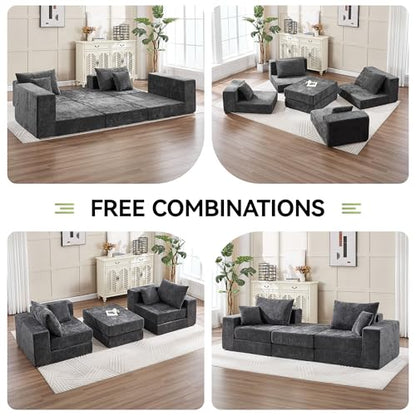 79" Boneless Cloud Loveseat Sofa Couch, Modular Foldable Floor Sofa with Ottoman, Chenille Lounge Convertible Sofa Bed for Living Room, No Assembly, Dark Grey
