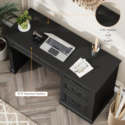 Farmhouse 47" Workstation Computer Desk with Drawers, Pure Black, view 5