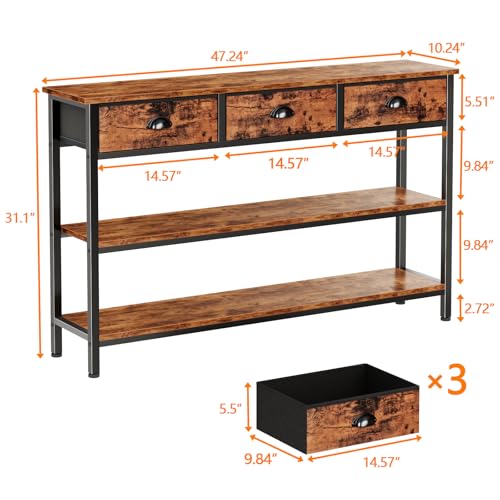 47" Console Table with 3 Drawers, 3-Tier Sofa Table for Behind Couch with Open Wooden Shelves, Industrial Display Shelf for Hallway,Entry Way, Living Room, Kitchen, Foyer, Rustic Brown