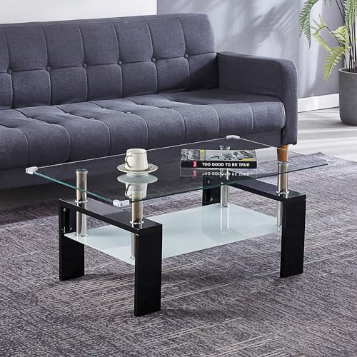2-Tier Glass Coffee Table, Rectangle Center Table with Double-Layer Tempered Glass Storage Space and Black MDF Legs, Modern Living Room Table for Home Office, Waiting Room