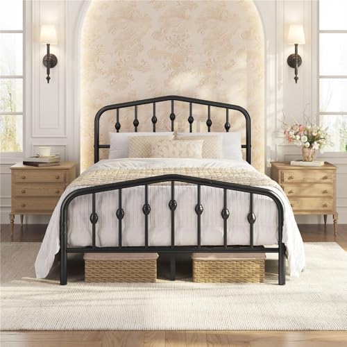 Full Metal Bed Frame with Victorian Vintage Headboard, Black, view 2