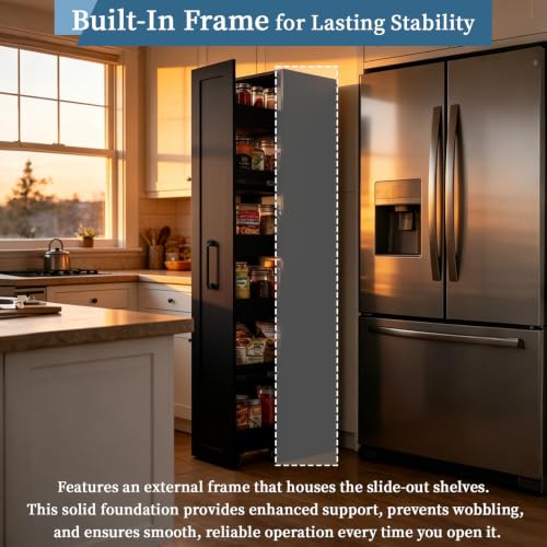 Slim Black Pantry Cabinet with Rolling Tiered Shelf Next to Fridge, view 6