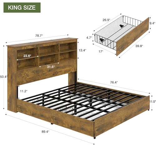 King Size Bed Frame with 50" Tall Storage Bookcase Headboard, view 3