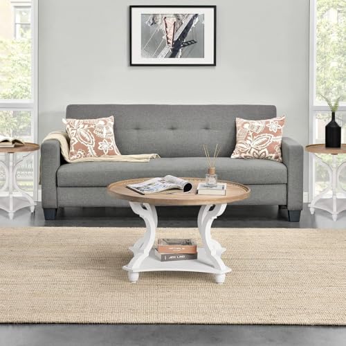 Farmhouse Round Coffee Table, Wood Tray Top Circle Coffee Table with Storage Shelf Rustic Style for Living Room and Vintage Finish, White