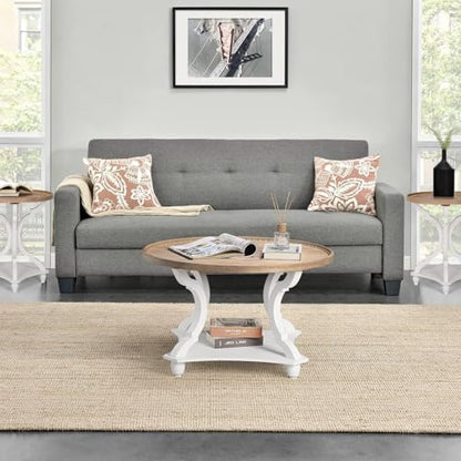 Farmhouse Round Coffee Table, Wood Tray Top Circle Coffee Table with Storage Shelf Rustic Style for Living Room and Vintage Finish, White