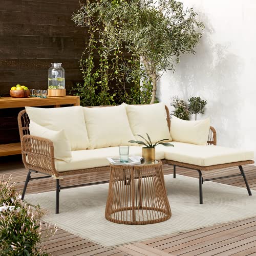 3 Piece Patio Furniture Set, L-Shaped Sectional Conversation Sofa Set with Thick Cushions and Toughened Glass Coffee Table for Backyard Balcony Garden Porch, White