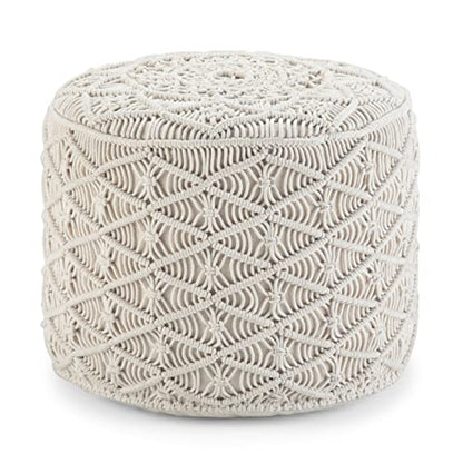 Coates Round Pouf - 18 inch Wide Handwoven Cotton Macrame Ottoman in Cream, Boho Footstool, Decorative Pouf or Extra Seating for Living Room, Bedroom, or Kids Room, Assembled