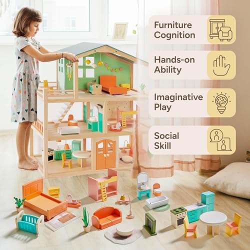 26 Pcs Large Wooden Dollhouse Furniture 5 Set for Kitchen, Living Room, Bedroom, Bathroom, Babyroom, Candy Dollhouse Accessories & Furniture Toy for Girls Boys Kids 3+