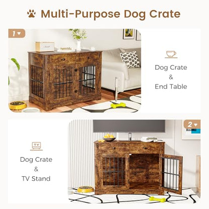 44.5'' Dog Crate Furniture with Storage Dog Kennel w/2 Drawers, view 4