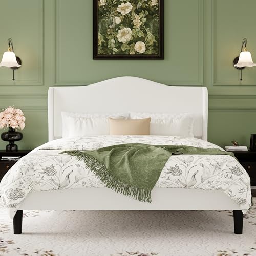 Queen Size Bed Frame with Curved Wingback Headboard,Soft White, view 2