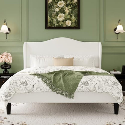 Queen Size Bed Frame with Curved Wingback Headboard,Soft White, view 2