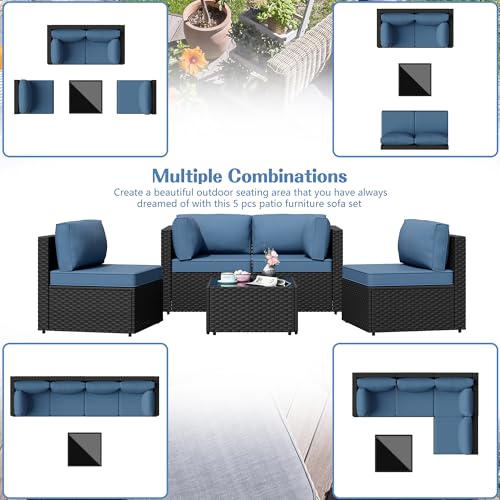 5 Pieces Outdoor Patio Sectional Sofa Couch, PE Wicker Furniture Sets, Patio Conversation Sets with Washable Cushions Glass Coffee Table for Garden, Poolside, Backyard, Aegean Blue