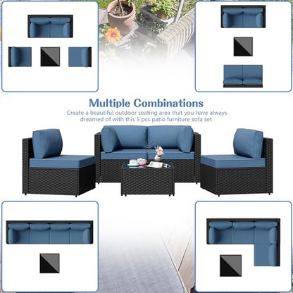5 Pieces Outdoor Patio Sectional Sofa Couch, PE Wicker Furniture Sets, Patio Conversation Sets with Washable Cushions Glass Coffee Table for Garden, Poolside, Backyard, Aegean Blue