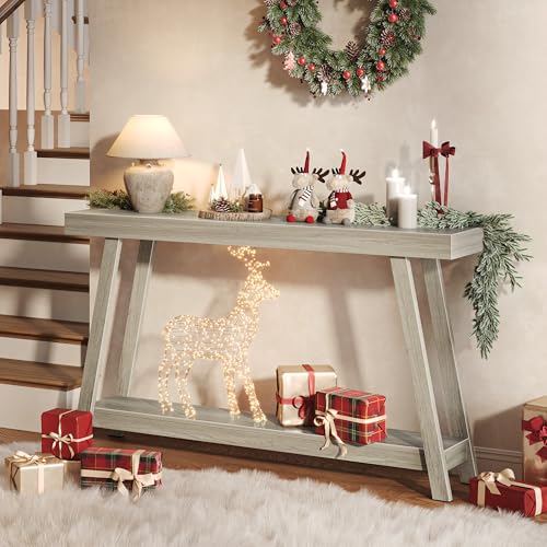 Console Table with Charging Station, USB-C Port, 2 Tiers Entryway Table, 53.9 Inch Sofa Table with Metal Legs, Entry Hallway Table with Thicker Desktop, Modern Behind Couch Table, Grey