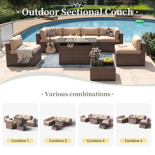 8 Piece Patio Furniture Set with 44” Fire Pit Table Wicker Rattan Outdoor Sectional Sofa Set with Coffee Table and Thickened Cushions, Beige