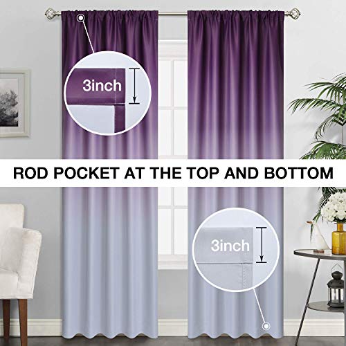 Rod Pocket Ombre Room Darkening Curtains for Bedroom, Light Blocking Gradient Purple and Greyish White Thermal Insulated Curtains Drapes for Living Room,2 Panels, 52x84 inches Length