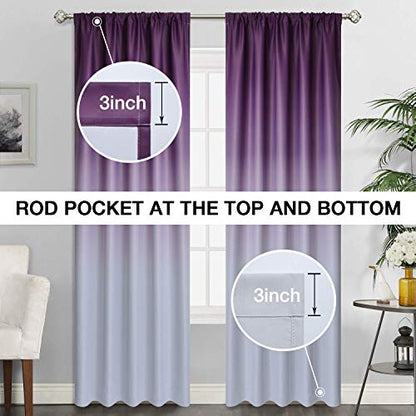 Rod Pocket Ombre Room Darkening Curtains for Bedroom, Light Blocking Gradient Purple and Greyish White Thermal Insulated Curtains Drapes for Living Room,2 Panels, 52x84 inches Length