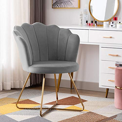 Shell Shaped Velvet Accent Chair, Bedroom Golden Metal Leg Grey