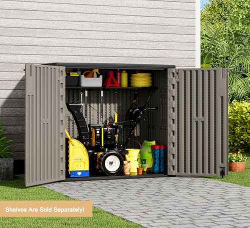 Outdoor Horizontal Storage Sheds,Outdoor Storage Cabinet Waterproof Resin Tool Storage Box for Lawn Mower,Garden Tools and Patio Furniture, Lockable (Brown)