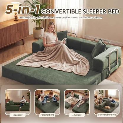 78" 5-in-1 Convertible Futon Sofa Bed, Boneless Corduroy, Green, view 4