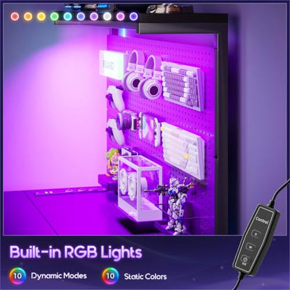 55" L Shaped Gaming Desk with Pegboard Hutch, LED Lights, Black, view 6
