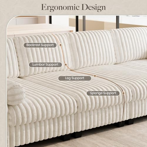 Plush Corduory Sectional Sleeper Sofa with Wide Deep Seat Modular Sectional Cloud Couches for Living Room. Beige Couch
