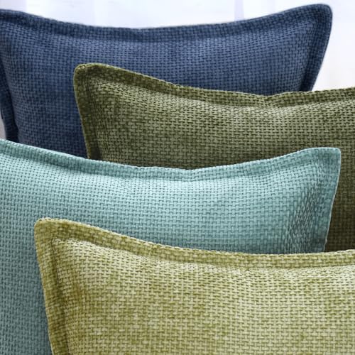 Decorative Chenille Velvet Throw Pillow Covers Set of 2 Soft Boho Textured Neutral Couch Throw Pillow for Bed Modern Farmhouse Home Decor for Sofa Livingroom Moss Green 12x20 Inch