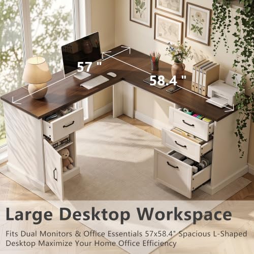 L Shaped Executive Desk with Storage, 4 Drawers, Brown & White, view 8